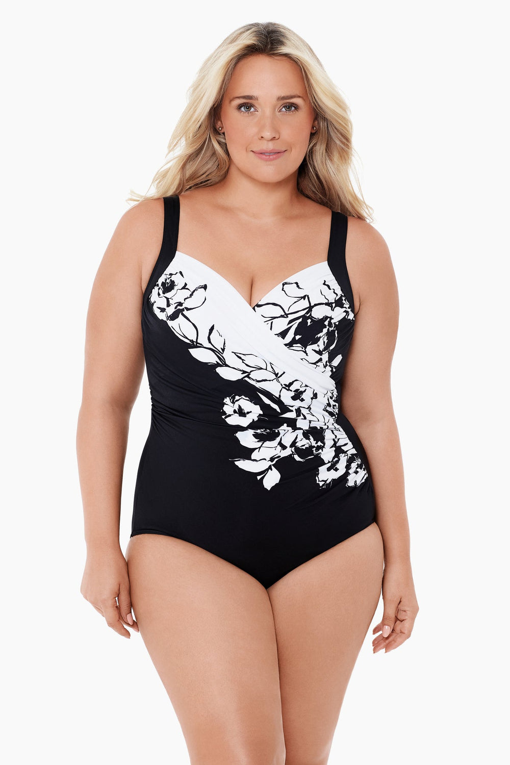 Plus Size Sub Rosa Sanibel One Piece Swimsuit Black/White | Miraclesuit