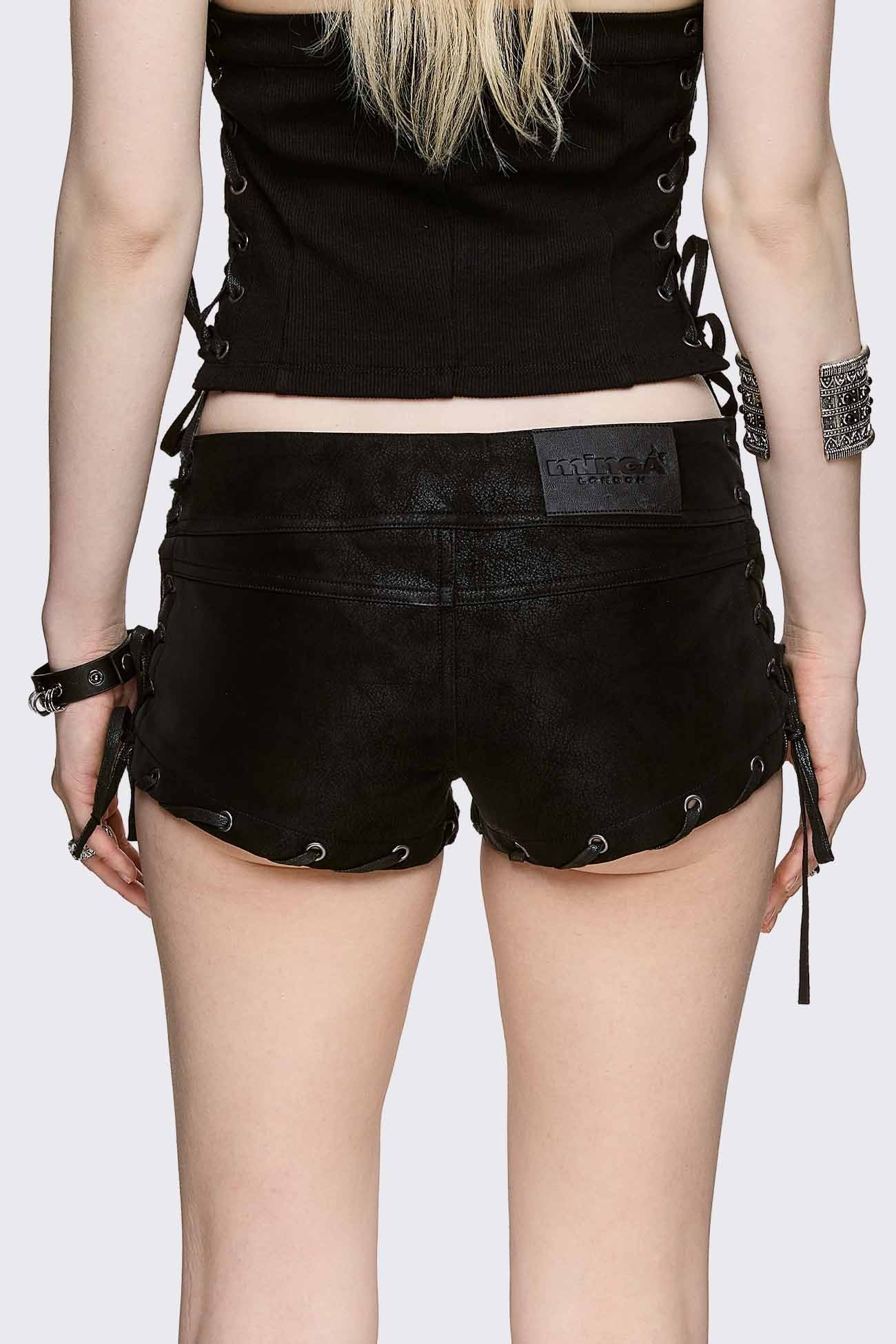 Minga London Lust Lace-Up Mini Vegan Suede Shorts