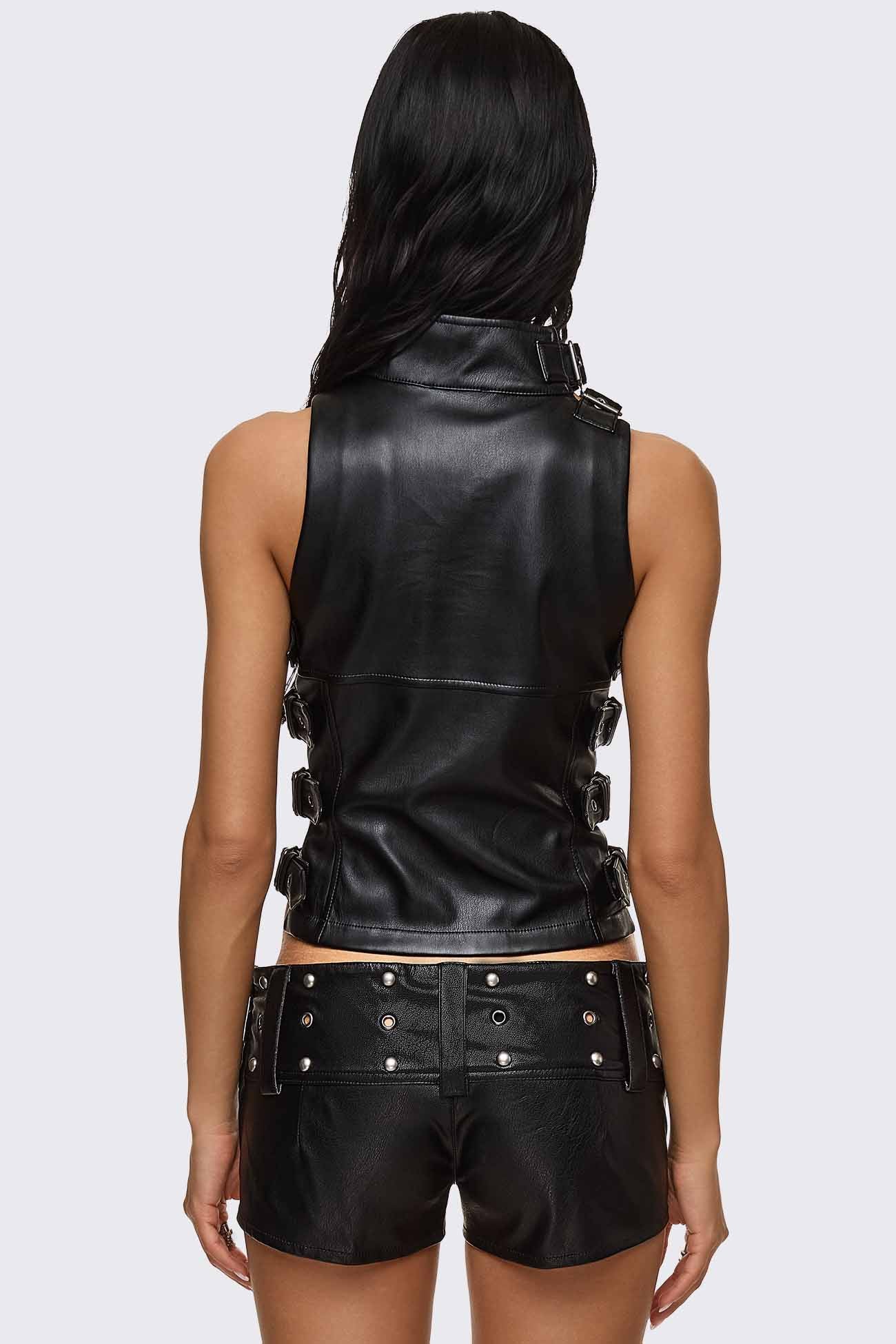 Minga London Omen Buckle Faux Leather Top