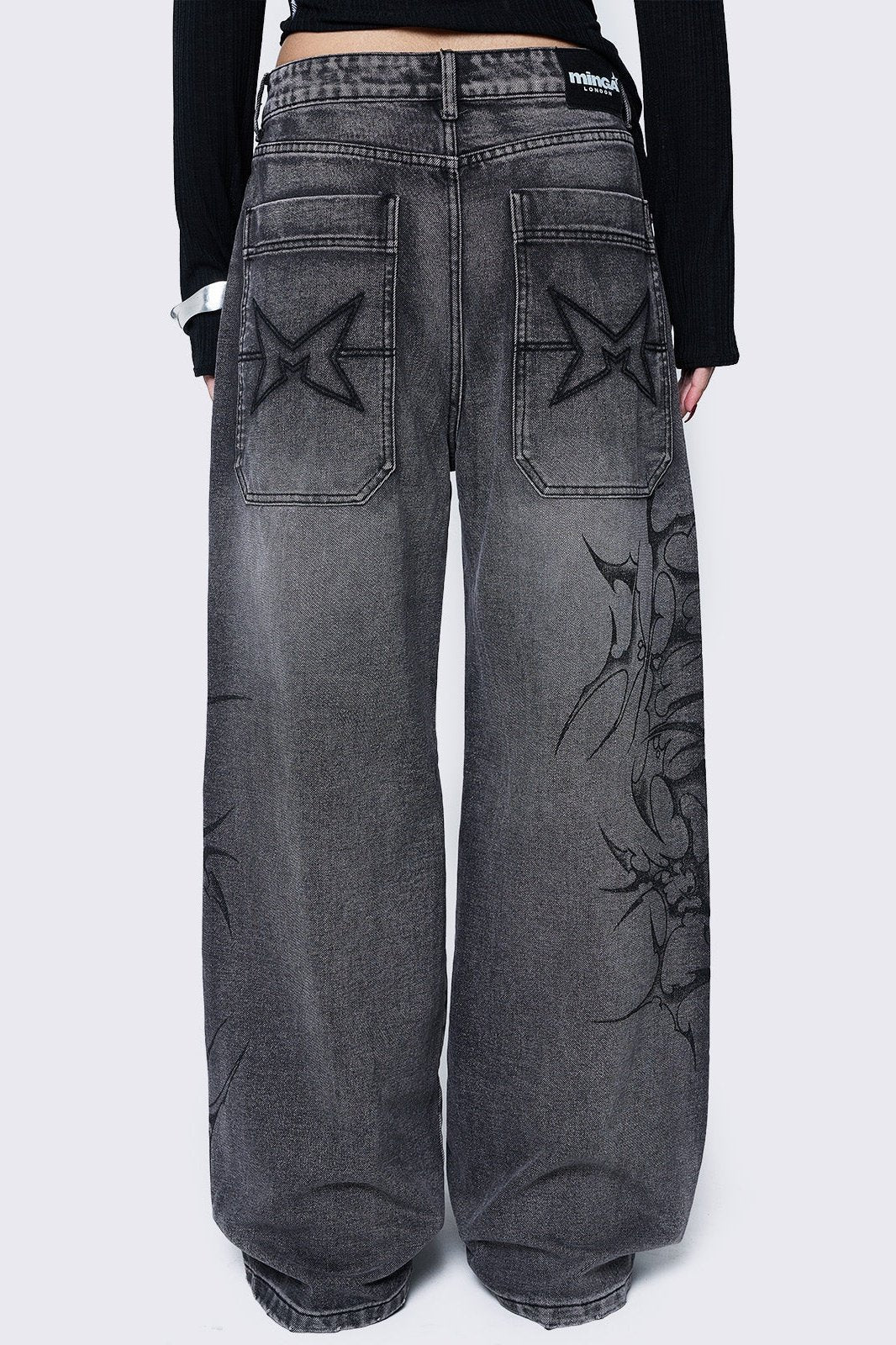 Minga London Blaze Grey Graphic Baggy Jeans