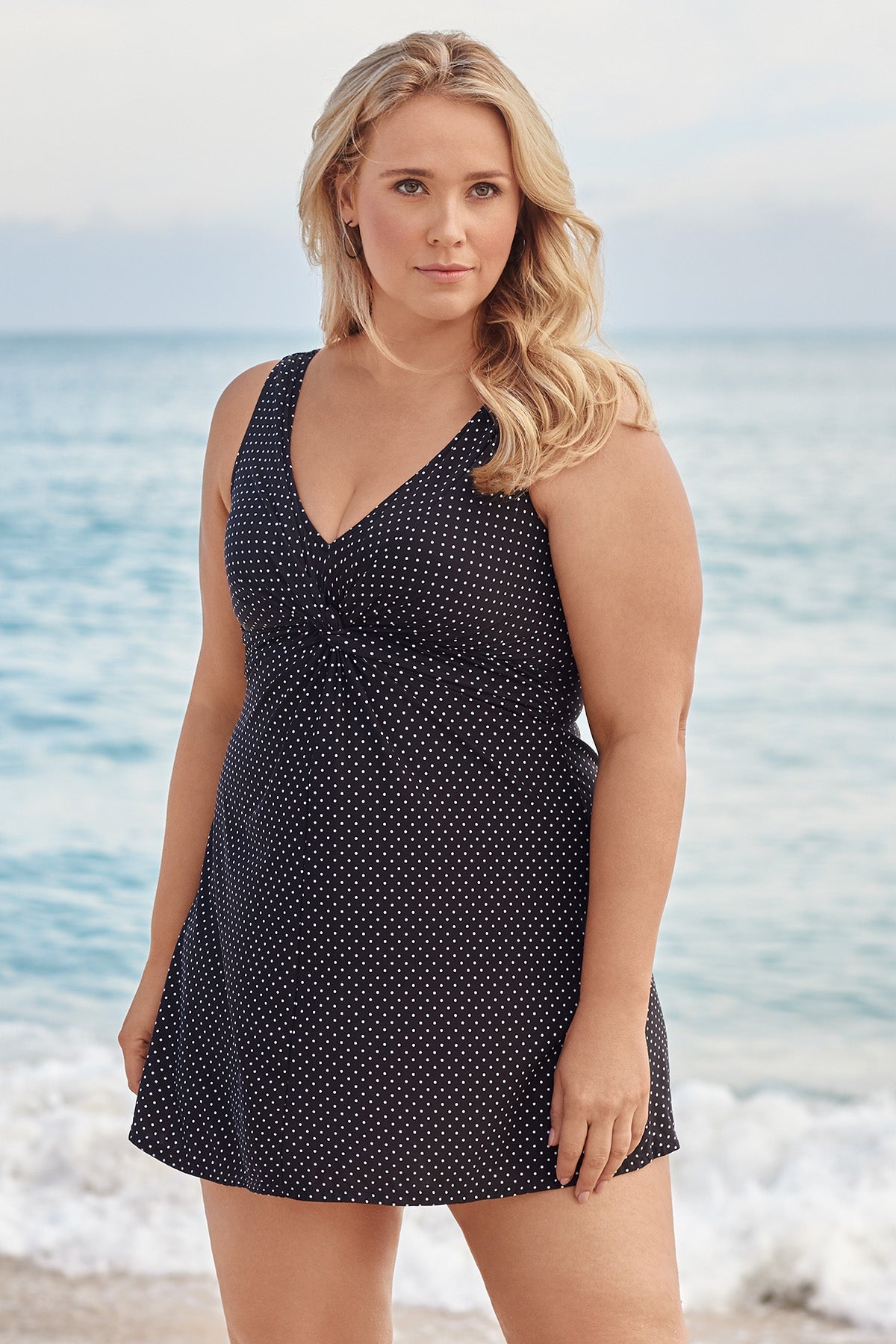 Plus Size Pin Point Marais One Piece Swim Dress Black/White | Miraclesuit