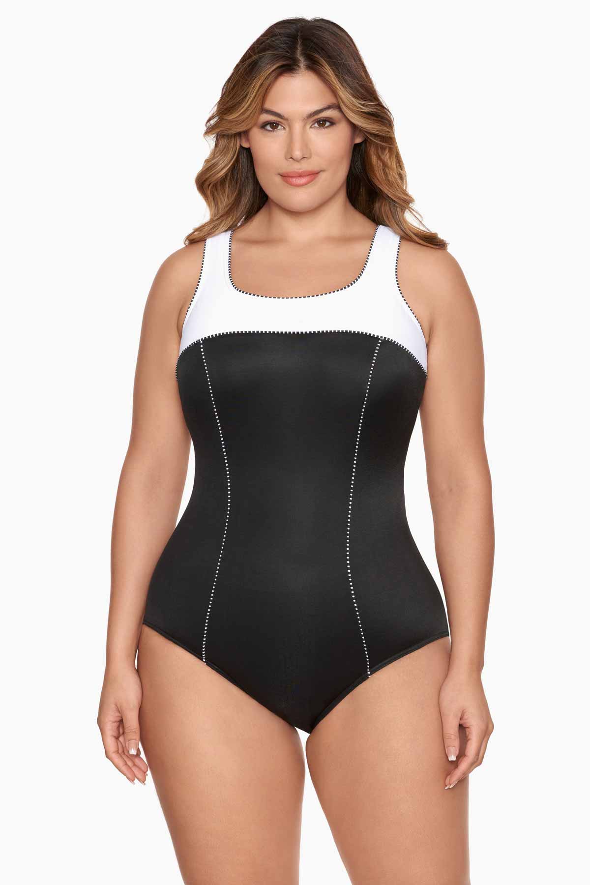 Plus Size Tummy Control Swimsuit - Colorblock Touche One Piece Black/White | Miraclesuit