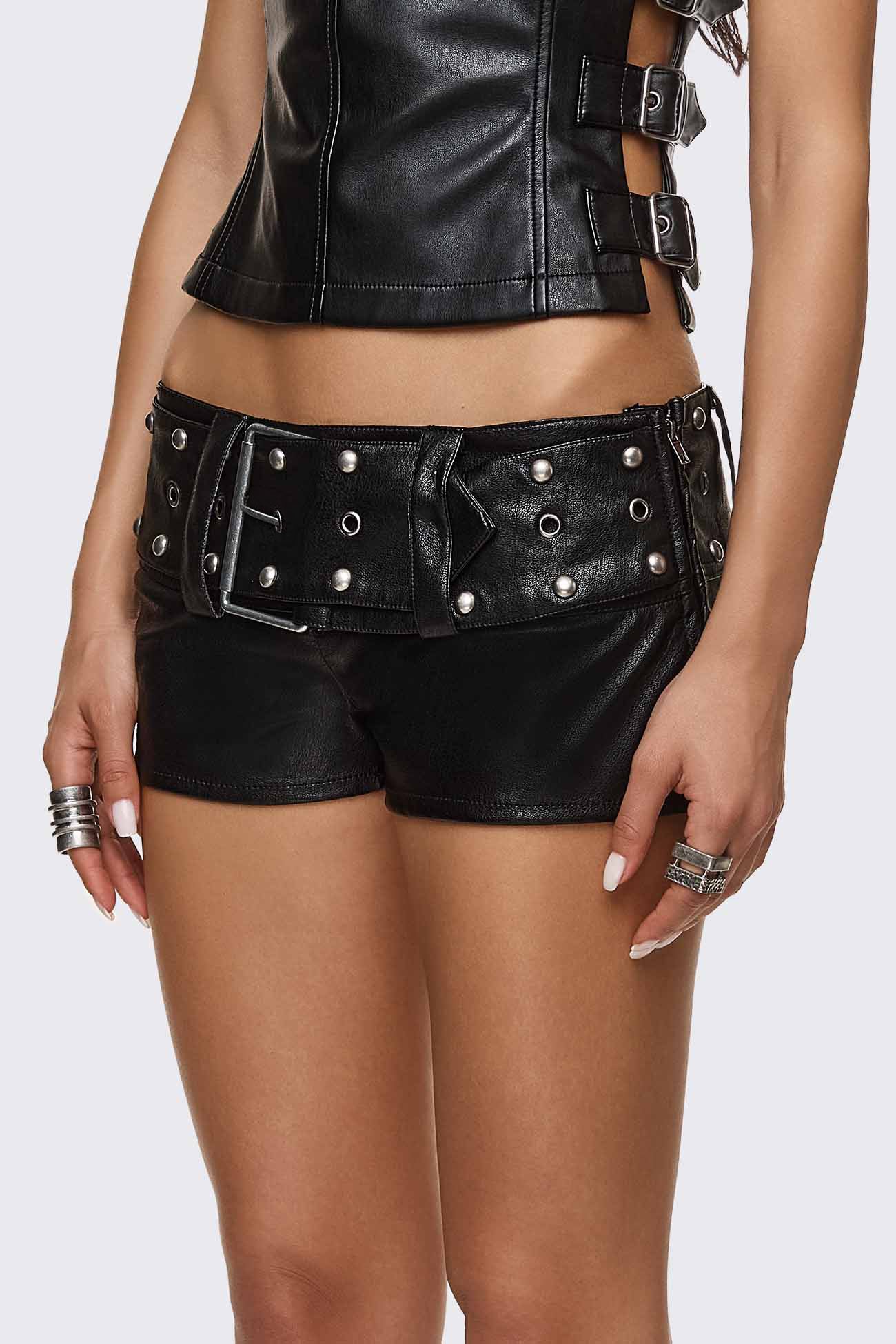 Minga London Ambush Belted Mini Faux Leather Shorts