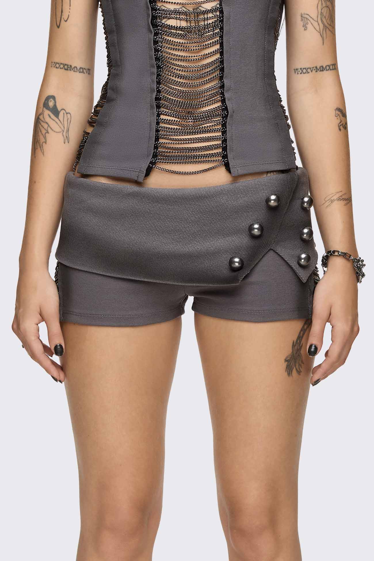 Minga London Wired Dark Grey Chain Mini Shorts