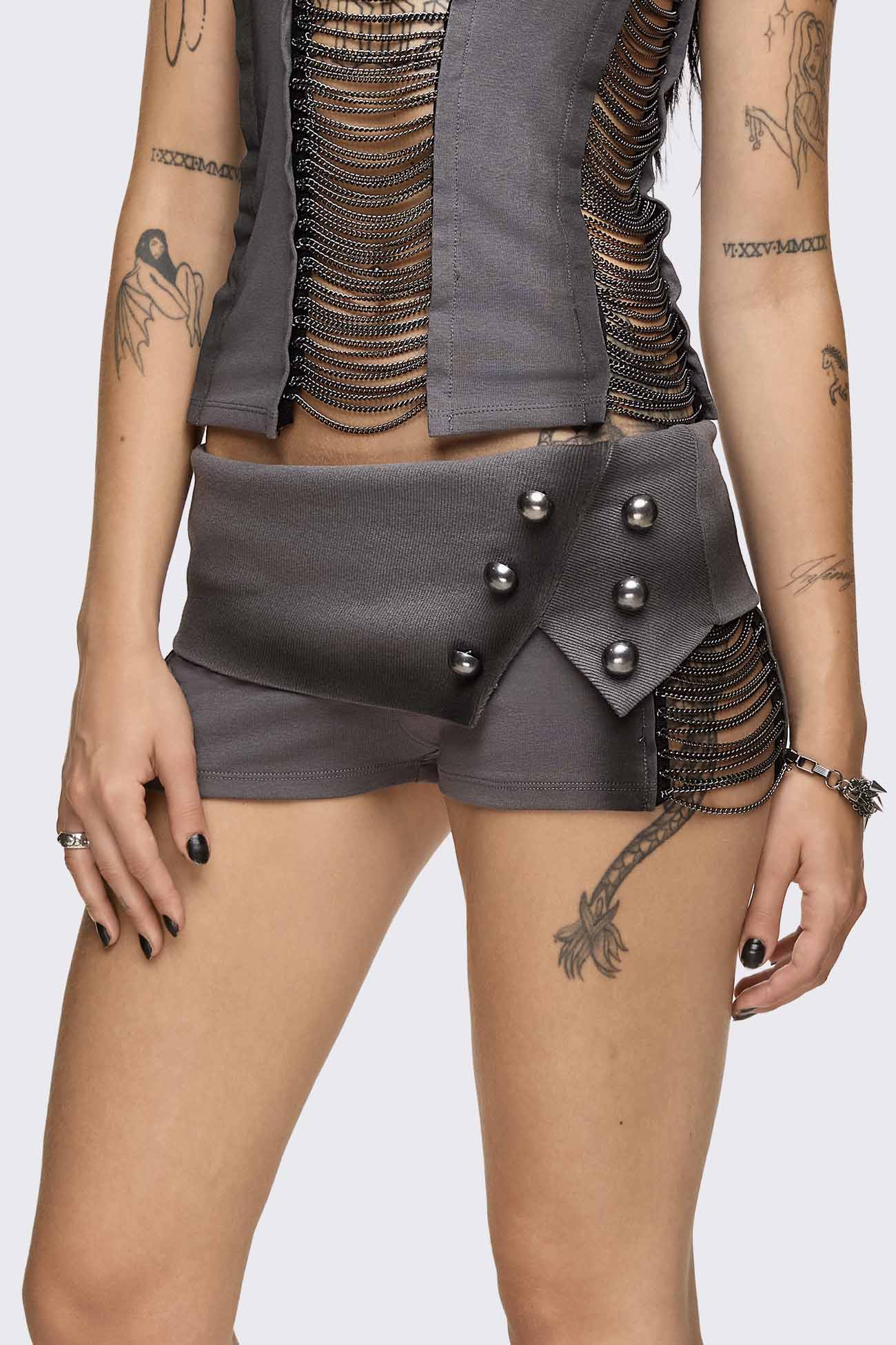 Minga London Wired Dark Grey Chain Mini Shorts