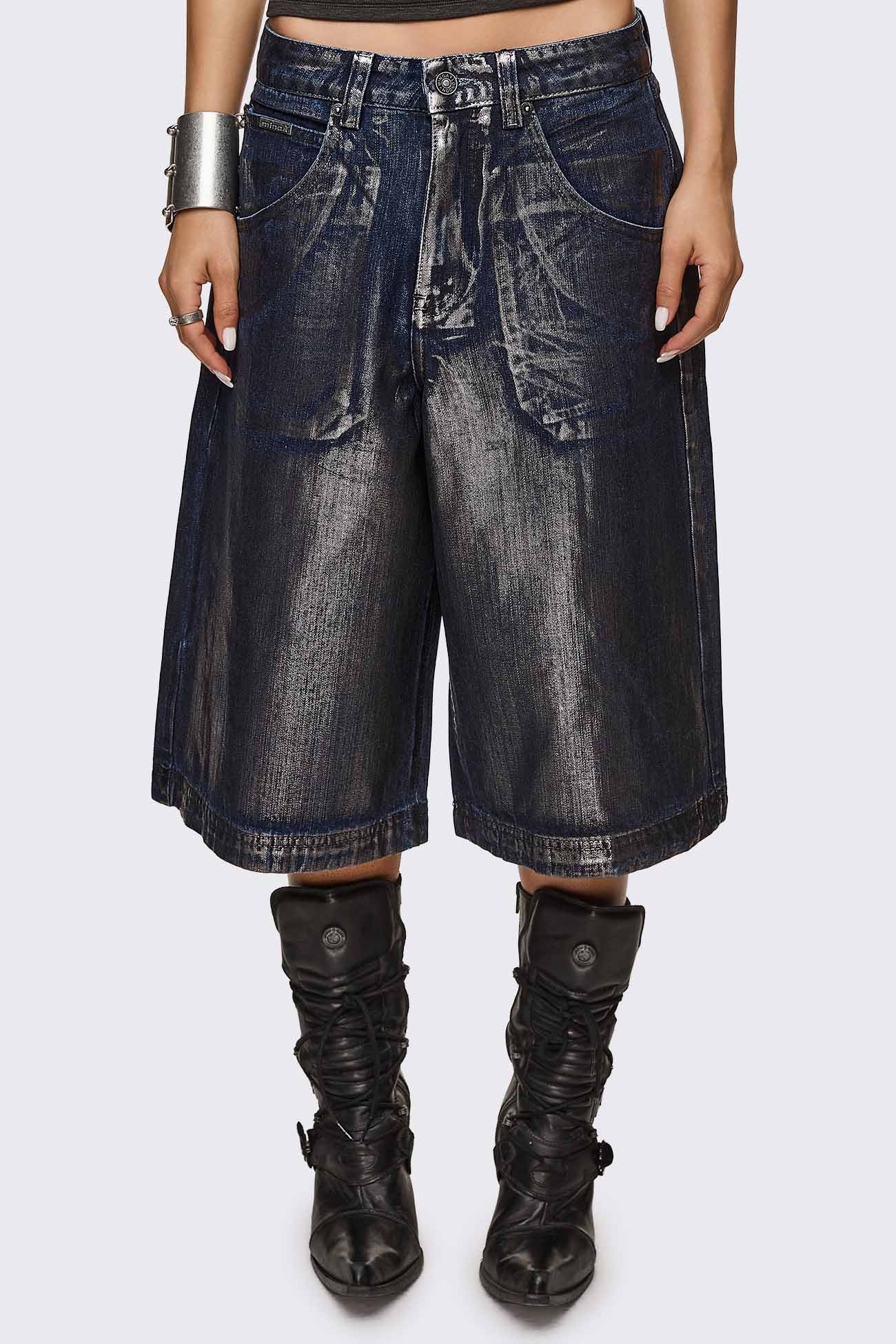 Minga London Metallic Coated Blue Denim Jorts