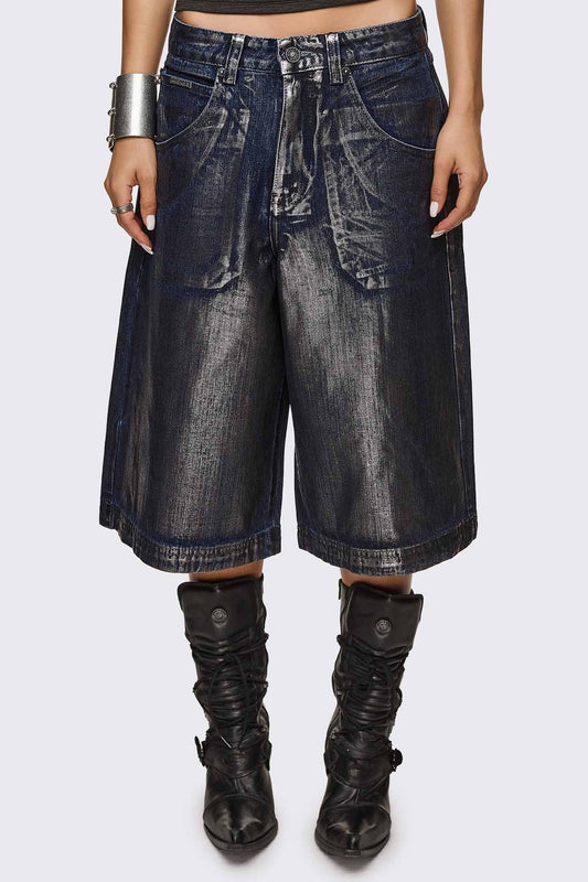 Minga London Metallic Coated Blue Denim Jorts