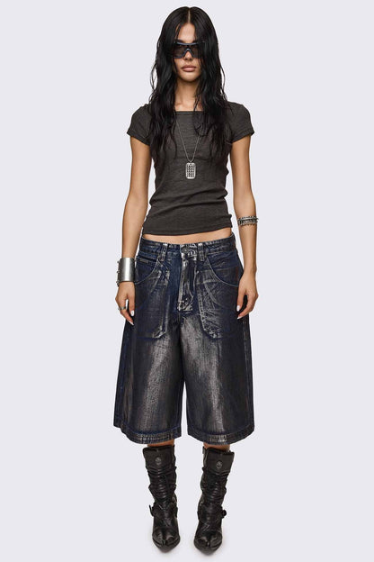 Minga London Metallic Coated Blue Denim Jorts