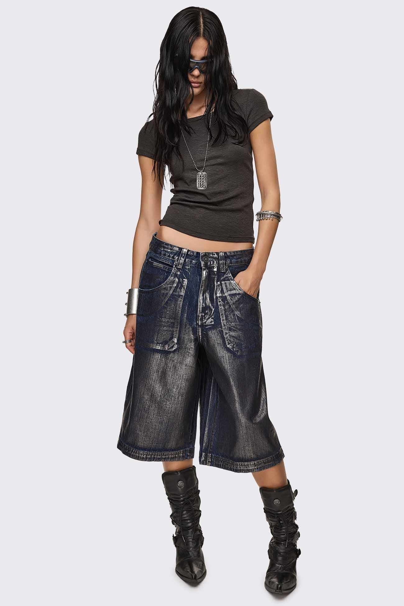 Minga London Metallic Coated Blue Denim Jorts