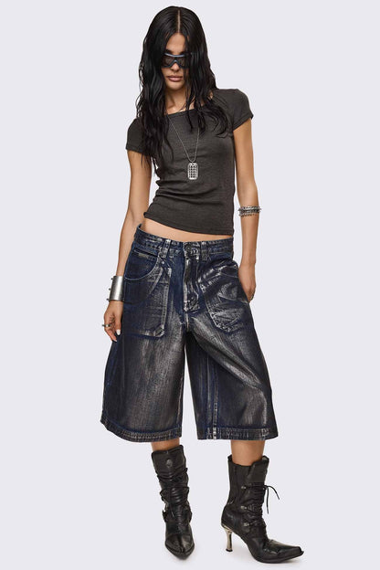 Minga London Metallic Coated Blue Denim Jorts