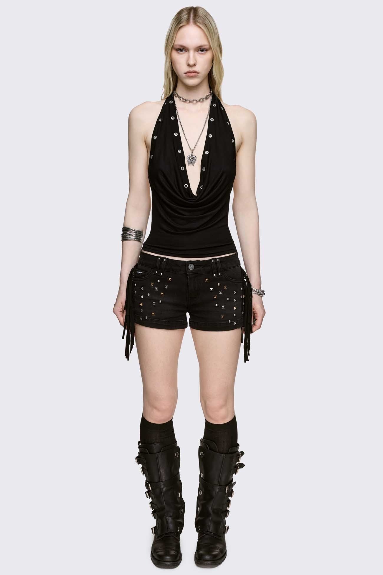 Minga London Fringe Mini Denim Shorts