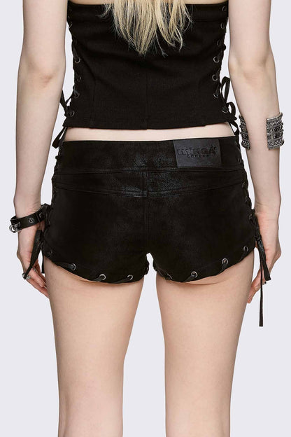 Minga London Lust Lace-Up Mini Vegan Suede Shorts