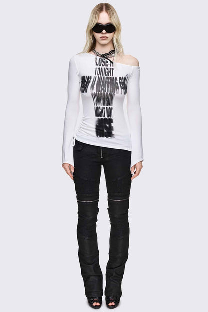 Minga London Lose It Graphic Off Shoulder White Top