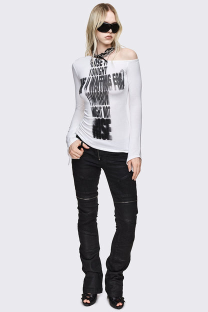 Minga London Lose It Graphic Off Shoulder White Top