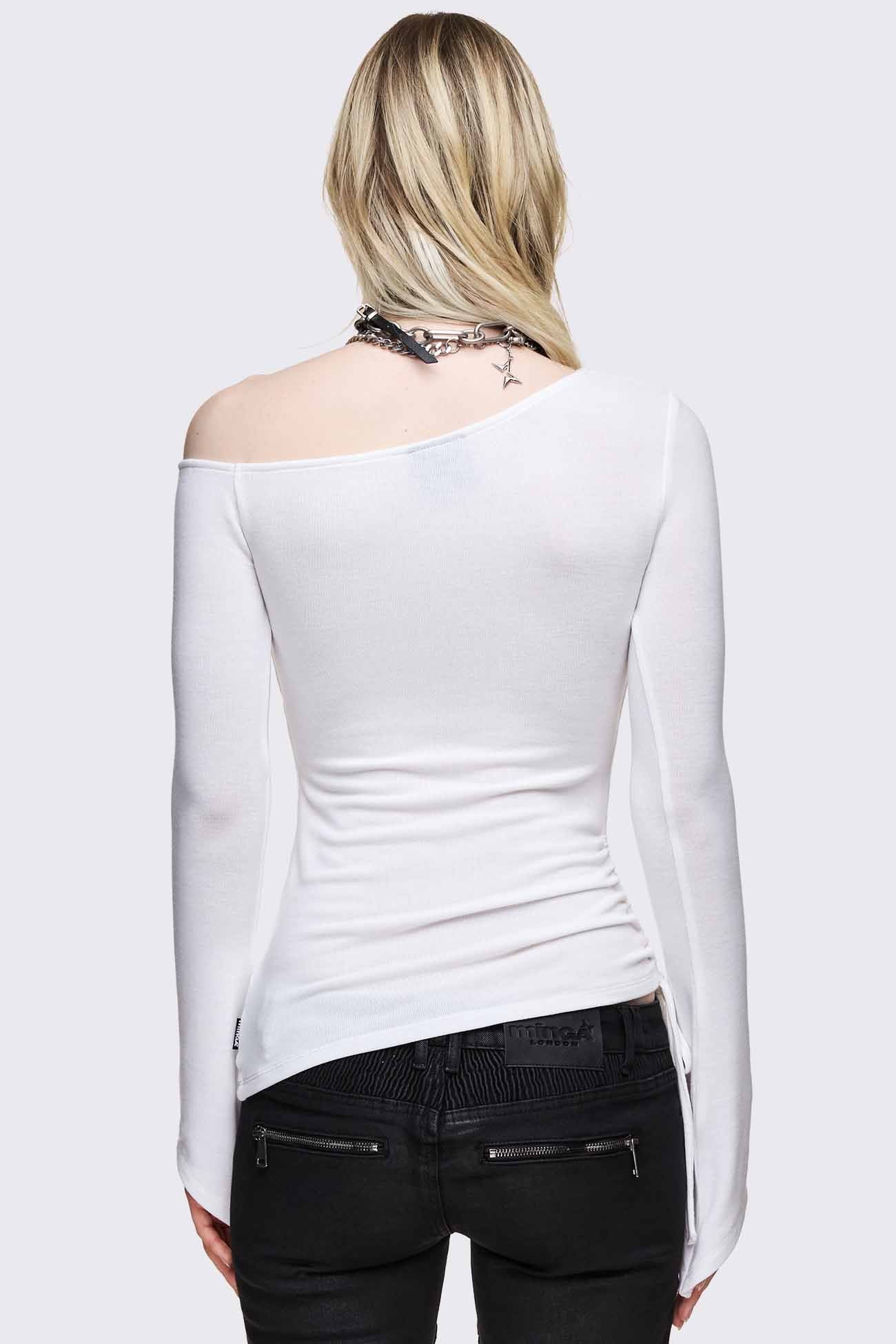 Minga London Lose It Graphic Off Shoulder White Top