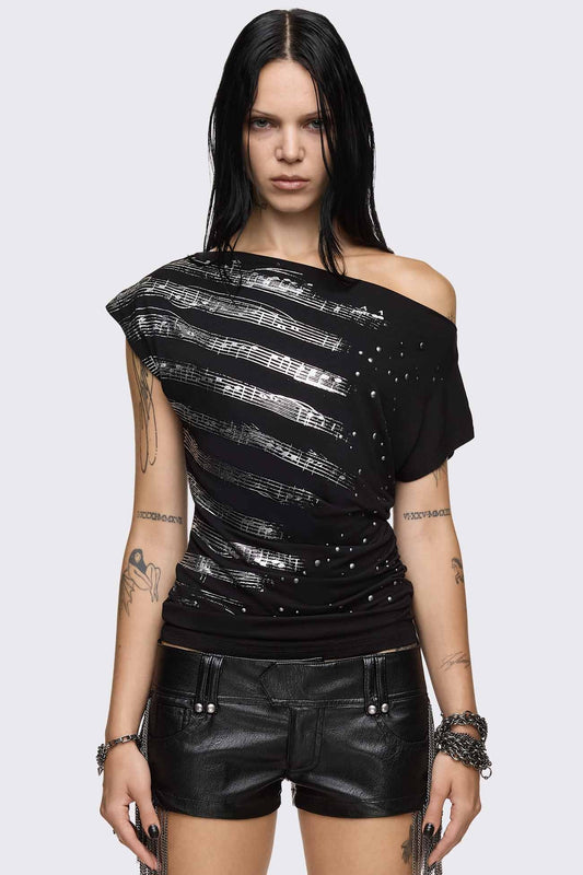 Minga London Rhapsophy Graphic Studded Off-Shoulder Top