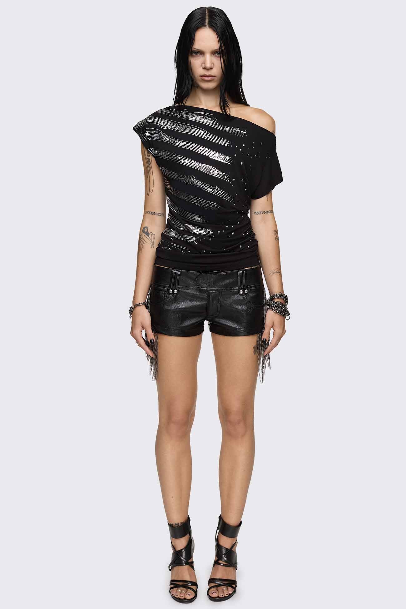 Minga London Rhapsophy Graphic Studded Off-Shoulder Top