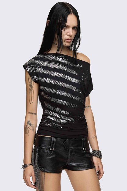 Minga London Rhapsophy Graphic Studded Off-Shoulder Top