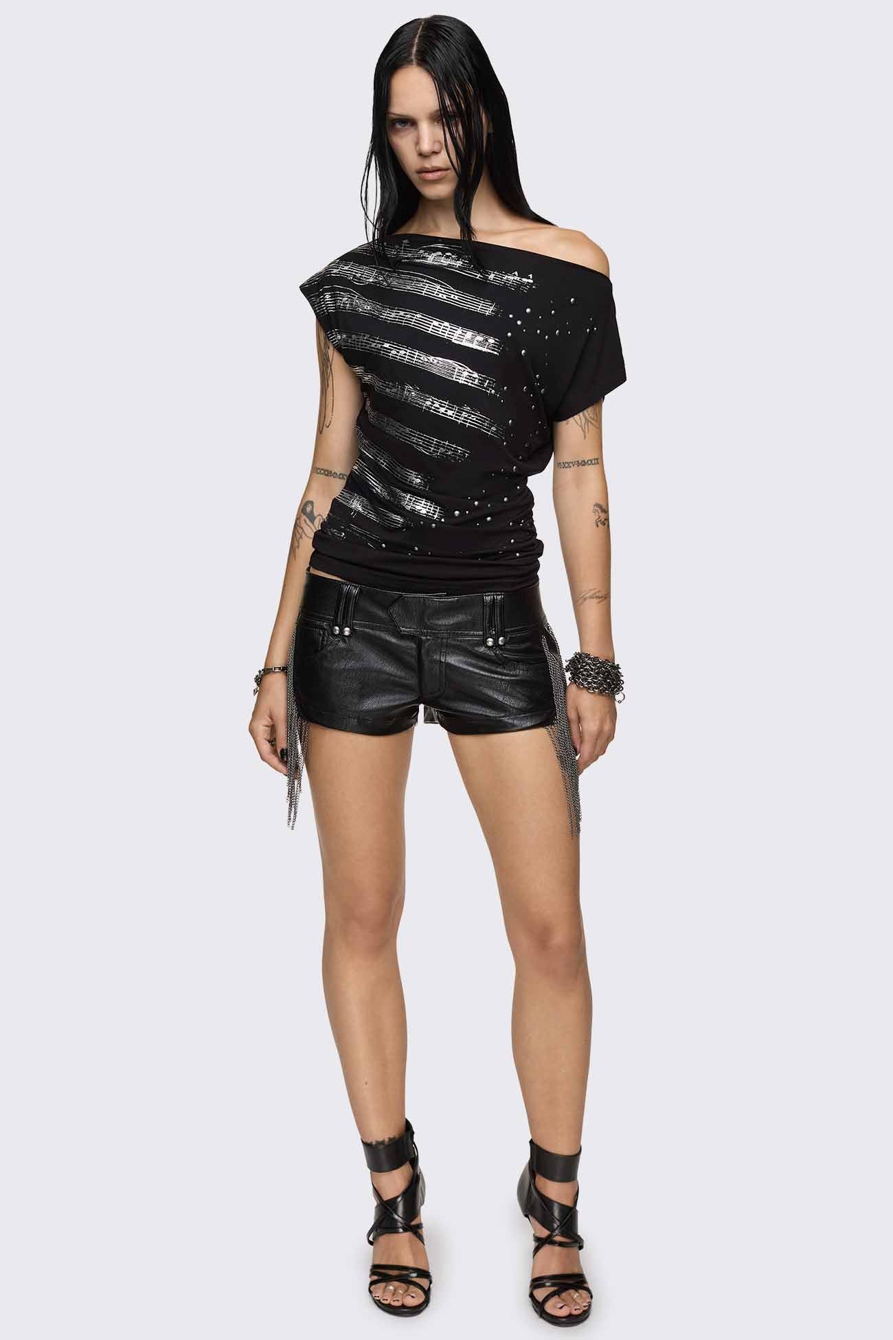 Minga London Rhapsophy Graphic Studded Off-Shoulder Top