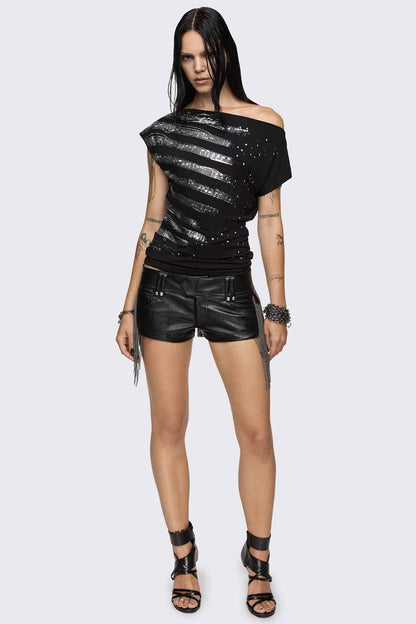 Minga London Rhapsophy Graphic Studded Off-Shoulder Top