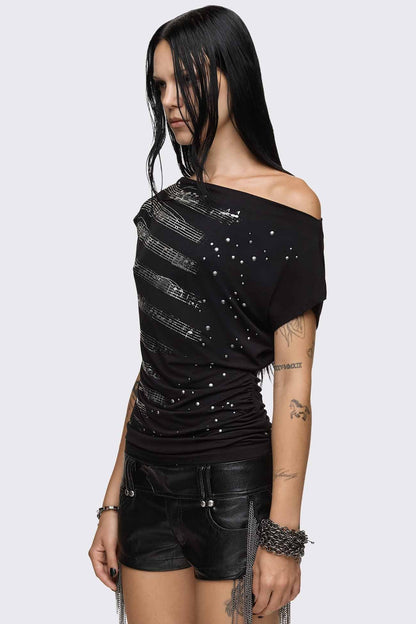 Minga London Rhapsophy Graphic Studded Off-Shoulder Top