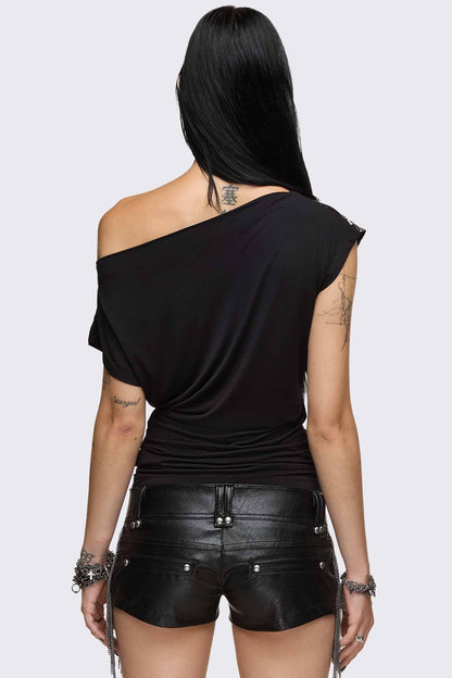 Minga London Rhapsophy Graphic Studded Off-Shoulder Top