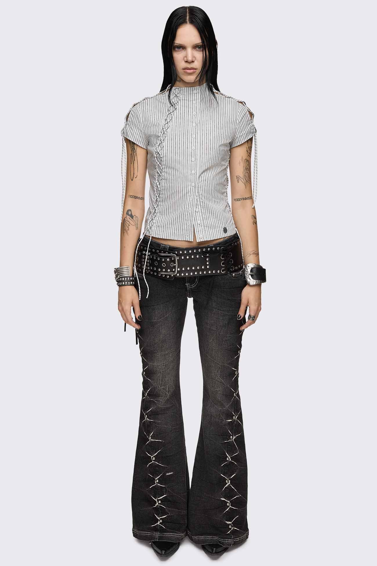 Minga London Sweet Ruin Striped Lace-Up Blouse