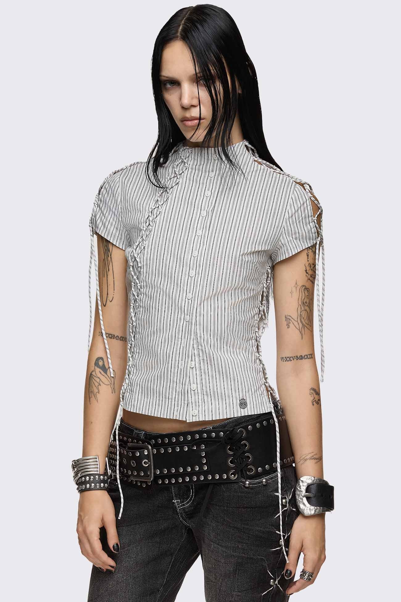 Minga London Sweet Ruin Striped Lace-Up Blouse