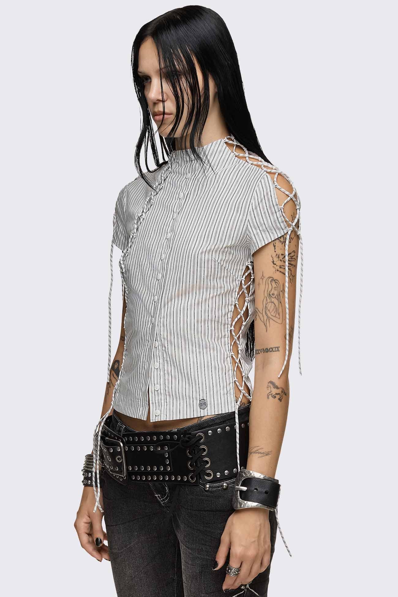 Minga London Sweet Ruin Striped Lace-Up Blouse