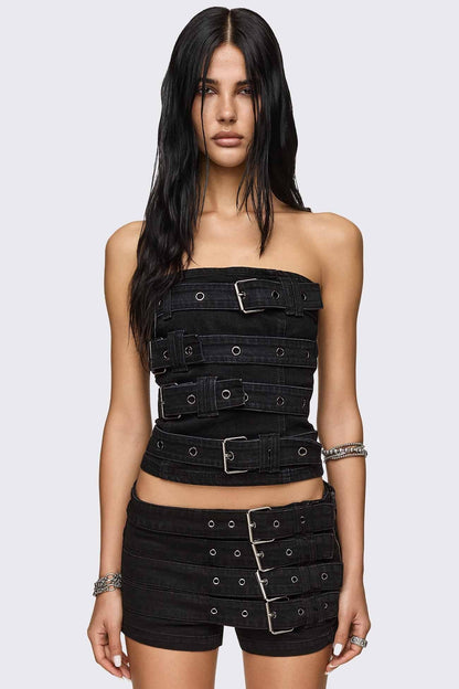 Minga London Kendrix Belted Denim Bandeau Top