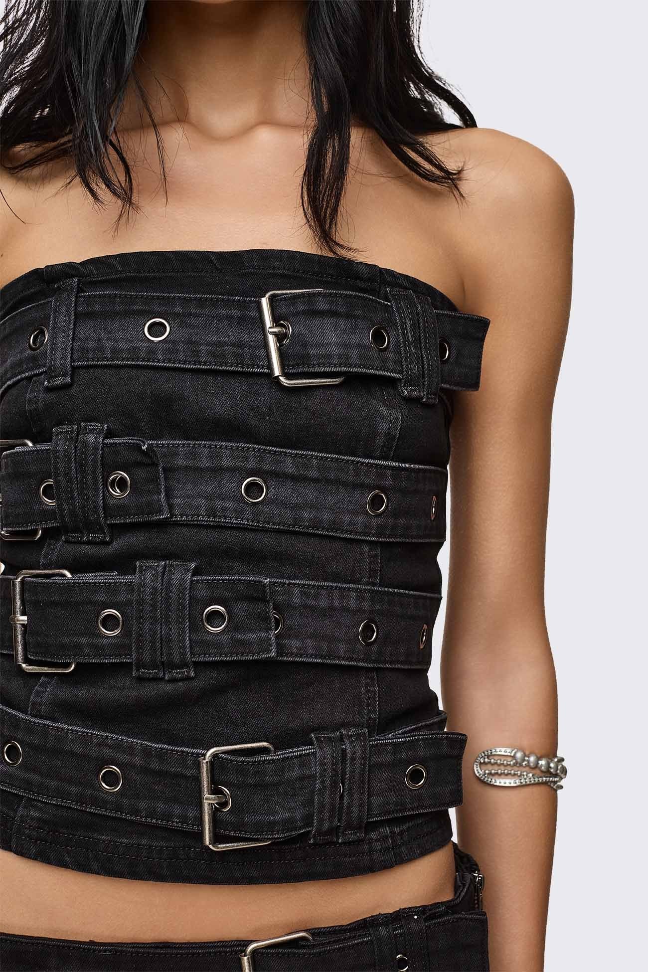 Minga London Kendrix Belted Denim Bandeau Top