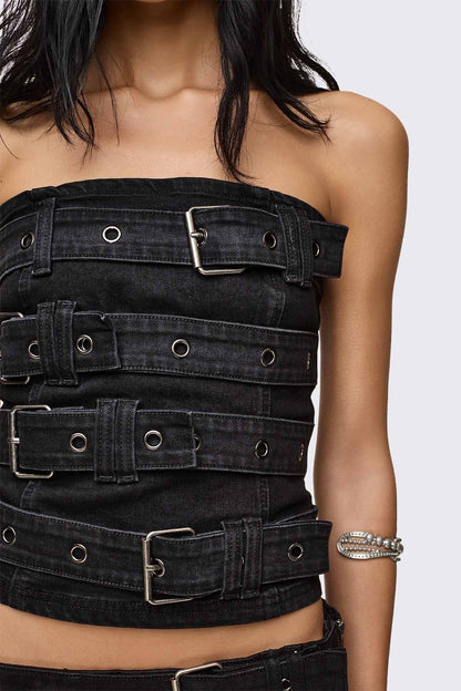Minga London Kendrix Belted Denim Bandeau Top