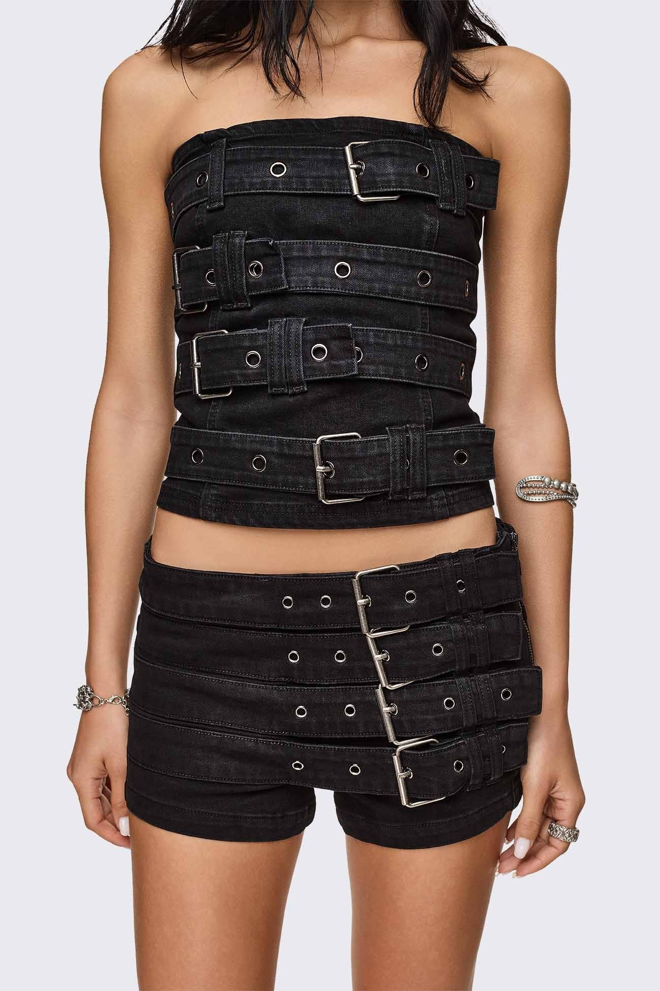 Minga London Kendrix Belted Denim Bandeau Top