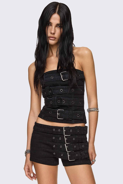 Minga London Kendrix Belted Denim Bandeau Top