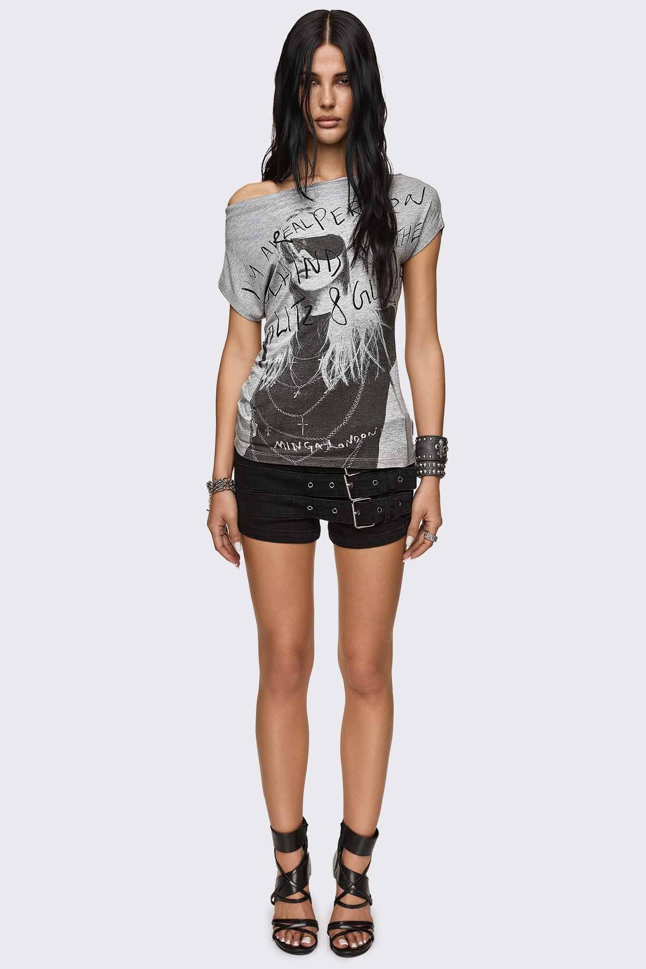 Minga London Glitz & Glitter Graphic Off-Shoulder Top