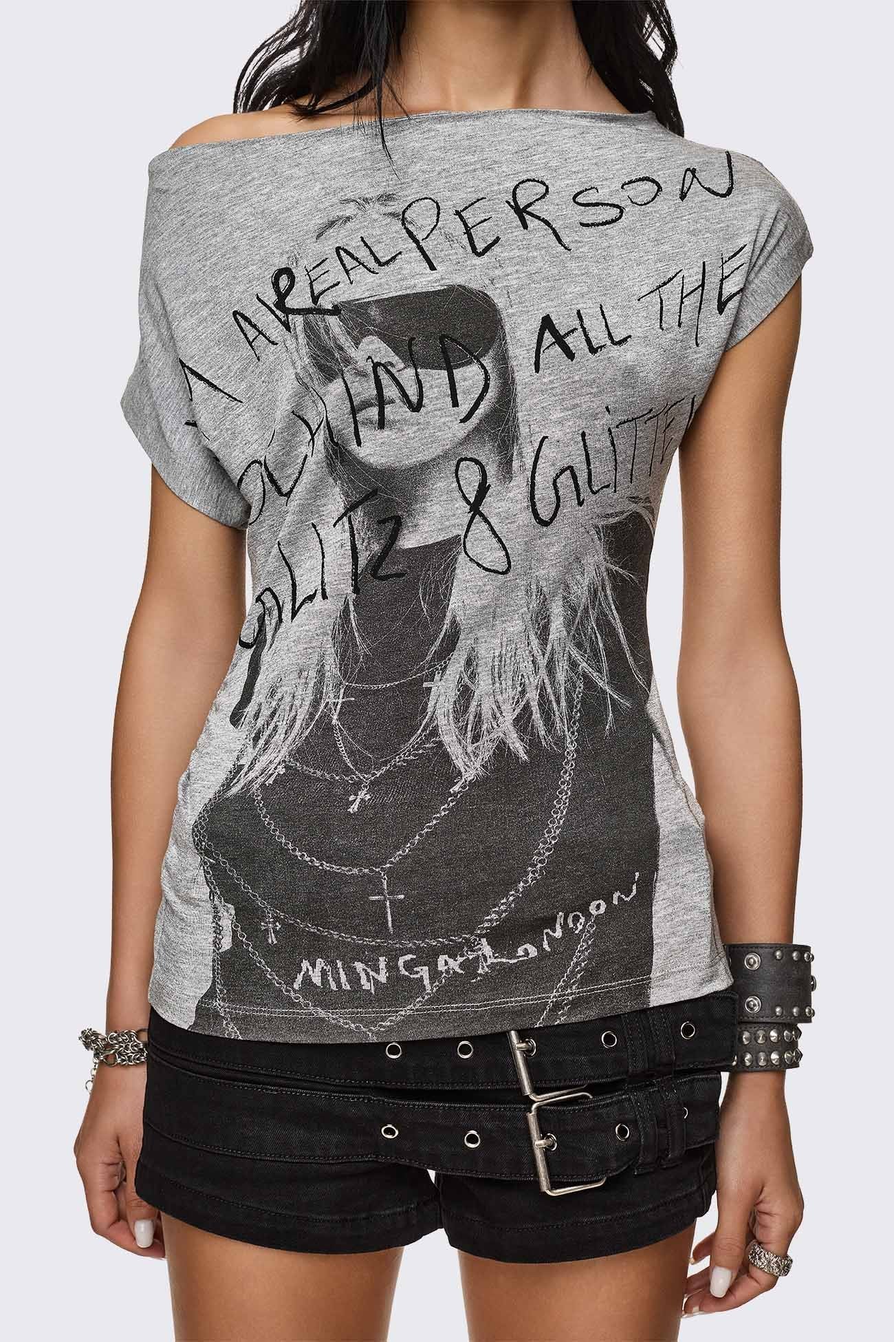 Minga London Glitz & Glitter Graphic Off-Shoulder Top