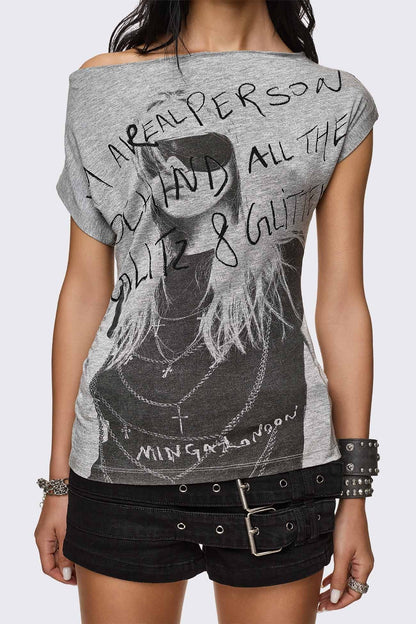 Minga London Glitz & Glitter Graphic Off-Shoulder Top