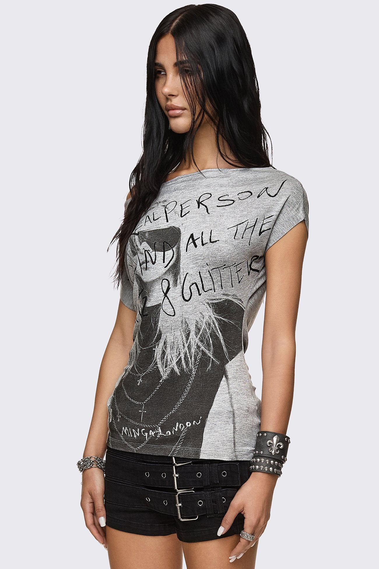 Minga London Glitz & Glitter Graphic Off-Shoulder Top