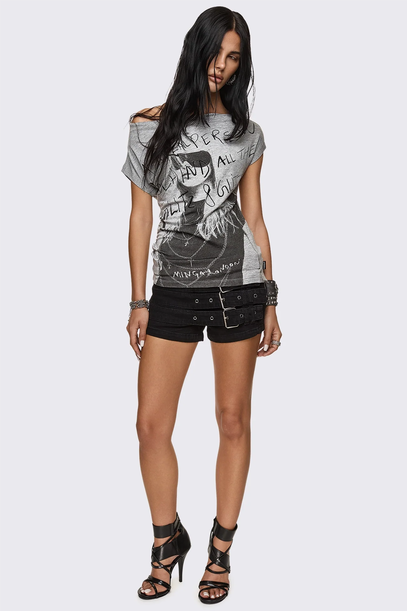Minga London Glitz & Glitter Graphic Off-Shoulder Top