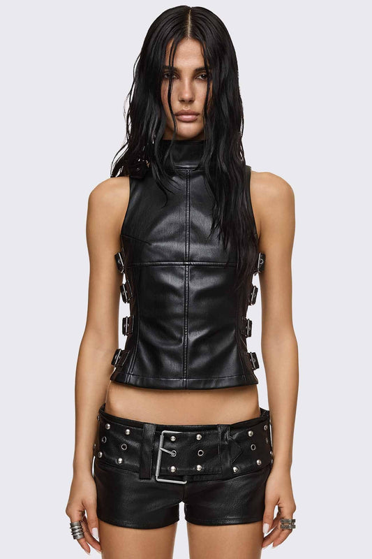 Minga London Omen Buckle Faux Leather Top