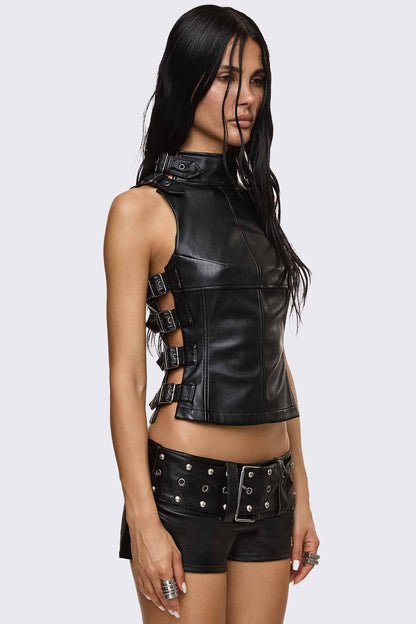 Minga London Omen Buckle Faux Leather Top