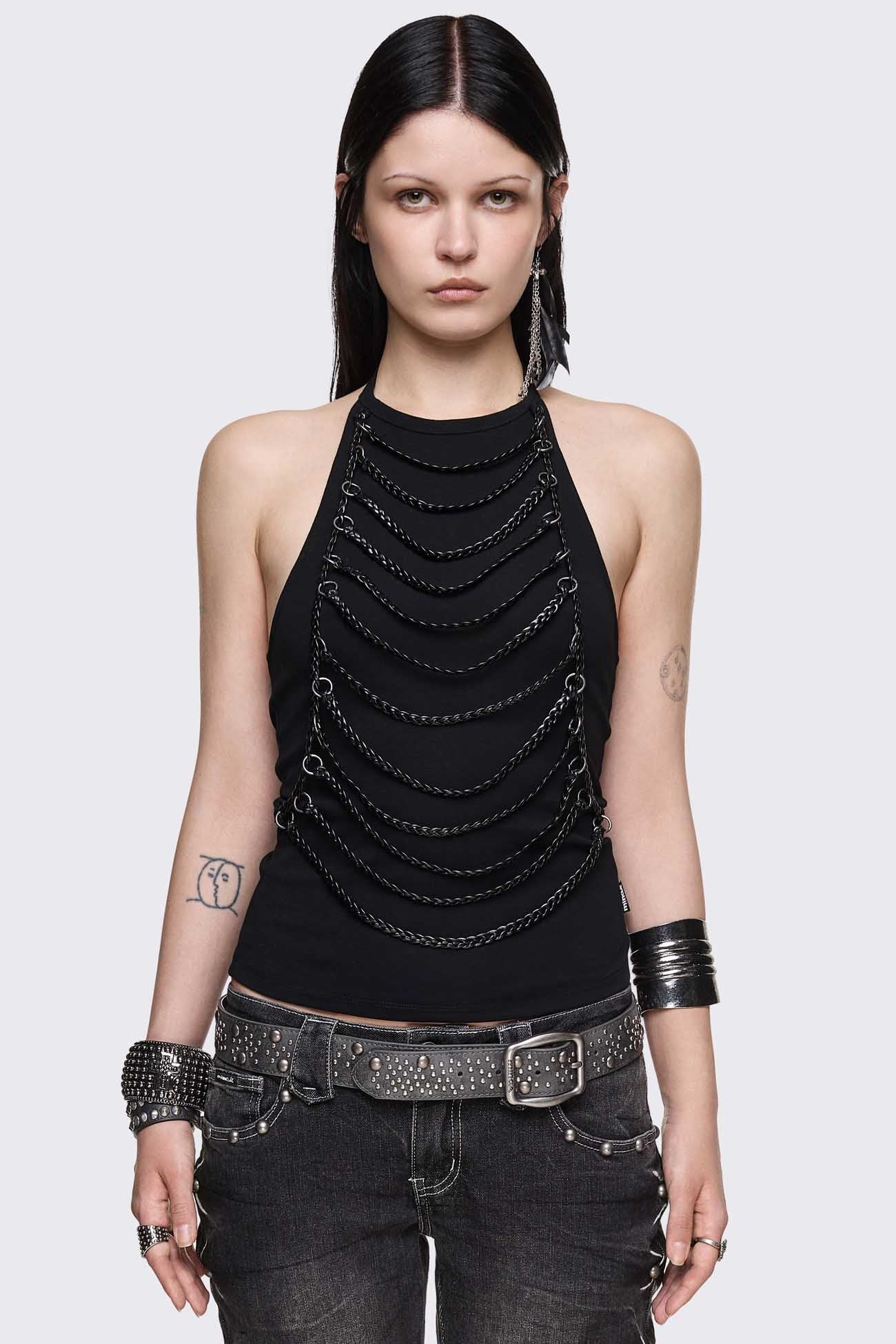 Minga London Unravel Black Layered Chain Halter Top