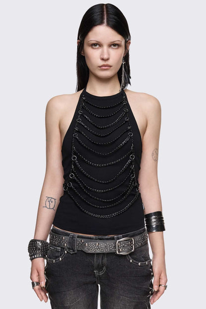 Minga London Unravel Black Layered Chain Halter Top