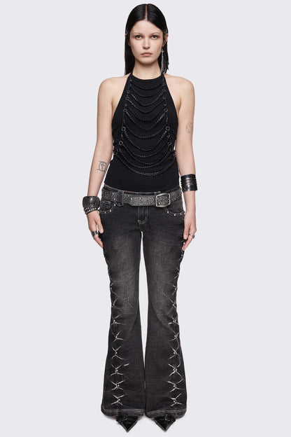 Minga London Unravel Black Layered Chain Halter Top