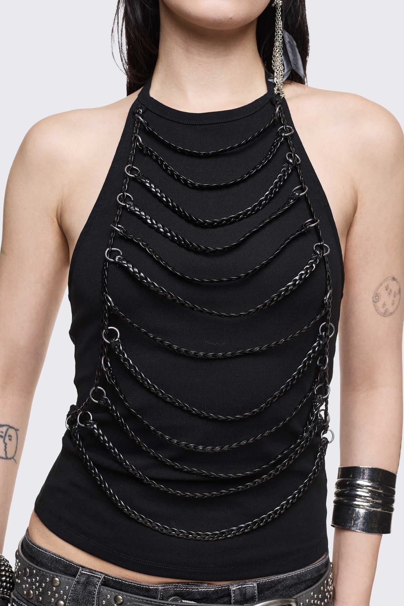 Minga London Unravel Black Layered Chain Halter Top