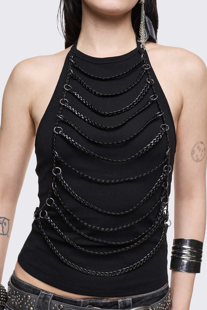 Minga London Unravel Black Layered Chain Halter Top