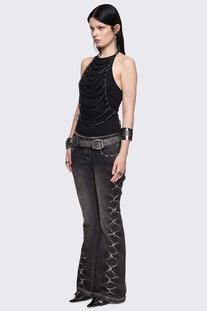 Minga London Unravel Black Layered Chain Halter Top