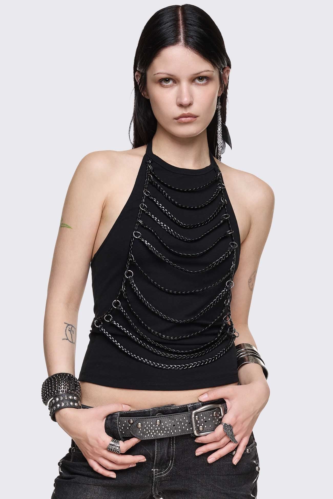 Minga London Unravel Black Layered Chain Halter Top