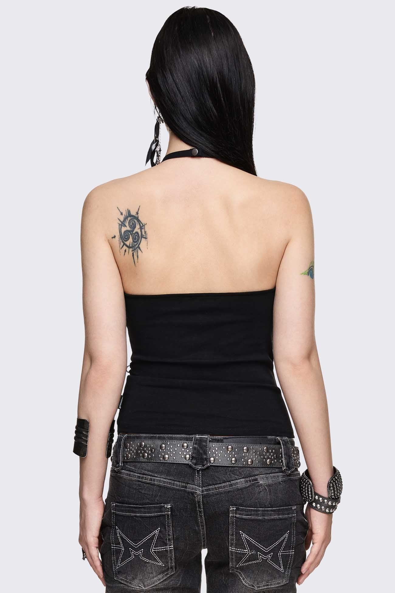 Minga London Unravel Black Layered Chain Halter Top