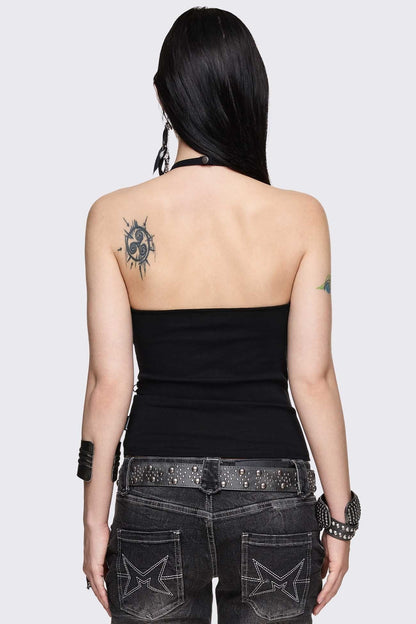 Minga London Unravel Black Layered Chain Halter Top
